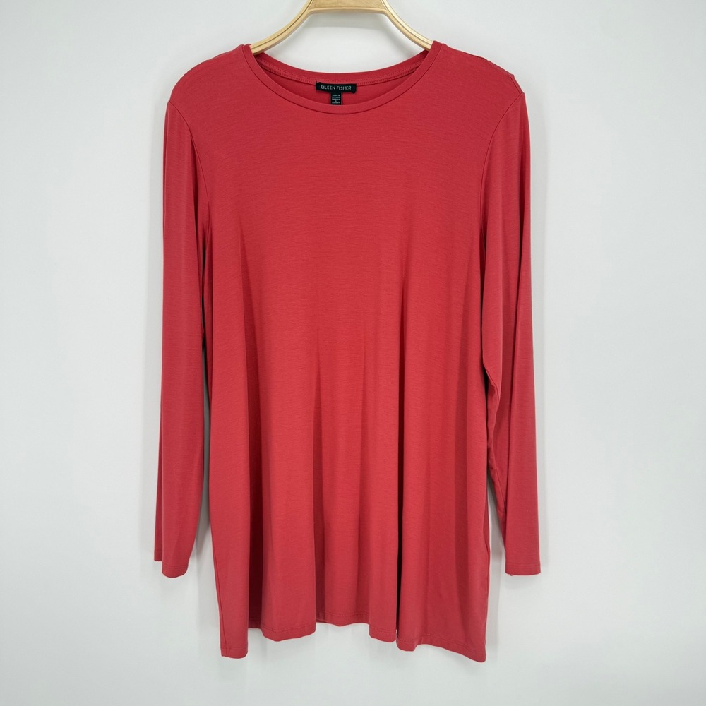 Eileen Fisher Tunic Top Womens L Red Excellent Tencel Lyocell Long Sleeve Crew